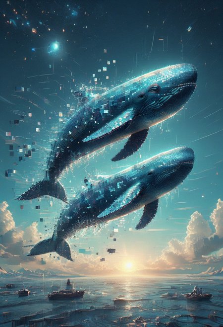 A flying whale, solo, made entirely of tiny square mirrors, floating in outer space, glitch style, very interesting composition, dynamic lighting, deep shadows and high contrast, bright lighting, CyberRealistic_Negative_SDXL, BotS