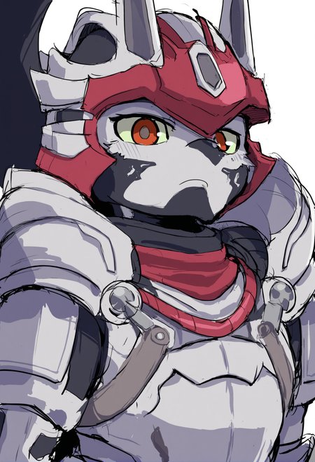 masterpiece, hyper detailed, best quality,(furry:1.3),1boy, male focus, solo, white background, upper body, armor, helmet, simple background, glowing, sketch, looking at viewer  ,<lora:DAGASIXLlokr8f-000188:0.95>