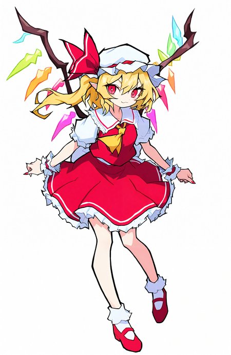 flandre_scarlet, 1girl, solo, looking_at_viewer, smile, simple_background, shirt, skirt, blonde_hair, white_background, red_eyes, hat, ribbon, hair_between_eyes, white_shirt, full_body, short_sleeves, frills, wings, shoes, socks, pointy_ears, puffy_sleeves, vest, red_ribbon, puffy_short_sleeves, fingernails, wrist_cuffs, ascot, white_headwear, red_skirt, one_side_up, white_socks, mob_cap, frilled_skirt, hat_ribbon, red_footwear, skirt_set, frilled_shirt_collar, crystal, sharp_fingernails, yellow_ascot, red_vest