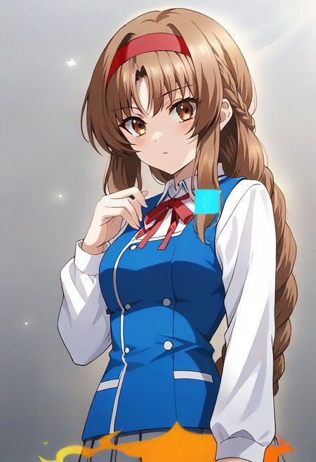 best quality, 4k, rating_safe, very aesthetic, source_anime,1girl, <lora:Takao:0.9>,takao,brown hair,brown eyes,long hair,single braid,red hairband,neck ribbon,white shirt,long sleeves,blue vest,gray skirt,school uniform,