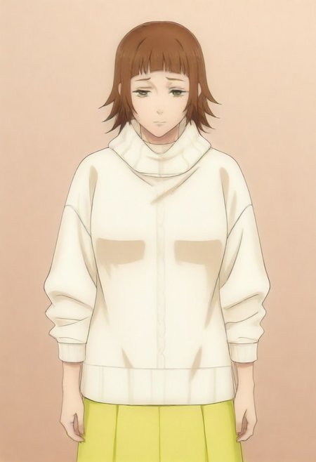 masterpiece, best quality, amazing quality,,, shiny skin,,,,,,,,yuozawa, brown_eyes, brown_hair, short_hair, blunt_bangs,, turtleneck, white_sweater, long_skirt, yellow_skirt,