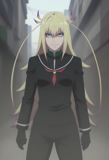 <lora:SlimesKanonIsui:1>, slimes_kanonisui, woman, solo, green eyes, alley background, evil smirk