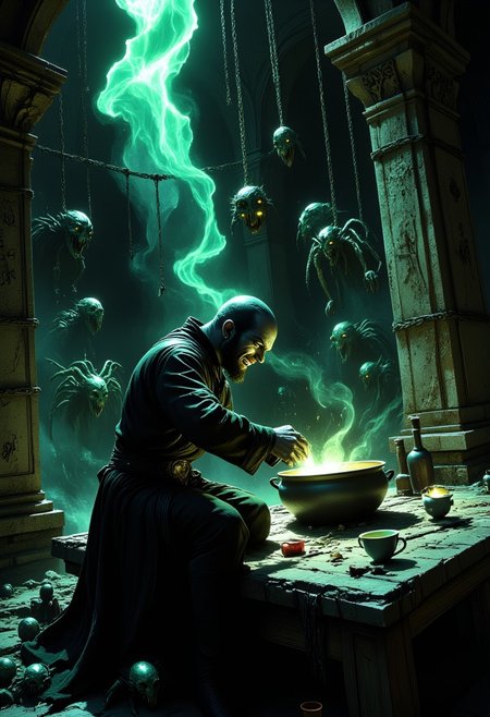 In the depths of an ancient, forgotten dungeon, a mad, twisted alchemist sits hunched over a bubbling cauldron, his lab coat stained with a mixture of blood and strange, glowing liquids. The stone walls are covered in cryptic symbols and arcane runes, each one pulsating with a sickly green light. Around him, grotesque, malformed creatures—human and beast—are shackled to the walls, their twisted limbs twitching as they are slowly transformed by his vile experiments. One creature, a hideous amalgamation of man and spider, writhes in the corner, its eyes glowing with unnatural intelligence. Above, chains dangle from the ceiling, and in their shadows, more deformed horrors hang, suspended by the alchemist's own cruel hand. The air is thick with the stench of decay and madness, and the alchemist’s maniacal laughter echoes throughout the dungeon as he prepares to create his next abomination—a monstrosity that will bring the entire kingdom to its knees.