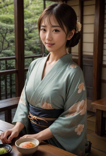 From frontal below :1.3,(dark background:1.3),(sitting behind wood table:1.631),(restaurant at ryokan:1.2),(Japanese tea cups and ((sukiyaki ))on table:1.63),((sukiyaki :1.5)),(beautiful real texture :1),smile face:1,(royal),10k,(real skin texture:1),high resolution,(one 32 years old elegant Japanese woman wearing in jyuban and colored long kimono:1.2), (looking at garden :1.4),exquisite face:1,(163cm tall:1),(fine wrinkle  :1.),(detailed innocent girls face:1.), NegfeetV2,(dazzling face:1.4),(small single chignon:1), (only (one side )breast out:1.54)