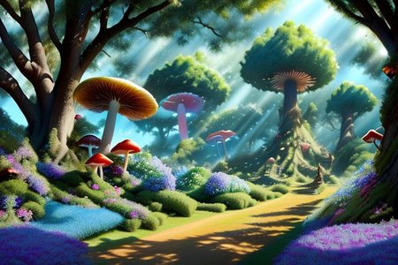 FanFo, wooden brigde, mushrooms, flowers colored blue and purpel, fireflys by flower tree, big trees, elves, realisim, Queen Elves , High Elves