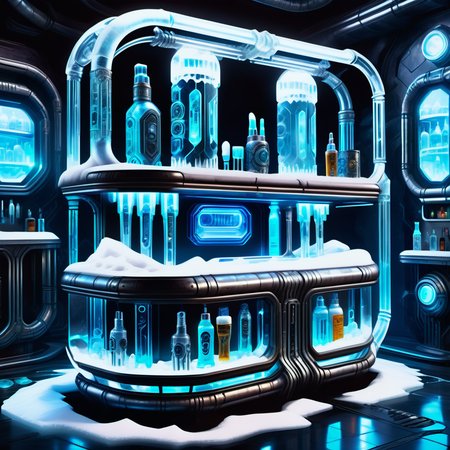 hyper detailed masterpiece, dynamic realistic digital art, awesome quality,DonMFr0stP4nkXL underground cyberpunk bar, nightstand,toothbrush and toothpaste, serpentine stone, led bulbs, downlighting, spacepunk,snow, ice  <lora:DonMFr0stP4nkXL-000006:1>