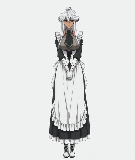 official art, absurdres, highres, anime coloring, hi res, best quality, masterpiece, 2d, intricate details, 4k,
1girl, solo, eyelashes, nose, long hair, bangs, red eyes, dress, ahoge, white hair, sidelocks, pointy ears, dark skin, blurry, dark-skinned female, elf, hair between eyes,
breasts, large breasts,
long sleeves, frills, maid, ascot, black ascot, gloves, dress, collarbone, alternate costume, white gloves, corset, enmaided, long dress, white footwear, 
looking at viewer, full body, 
depth of field, white background, <lora:Reanette_Elfelt_ILXL:1>, shinmai ossan bokensha, reanette elfelt,