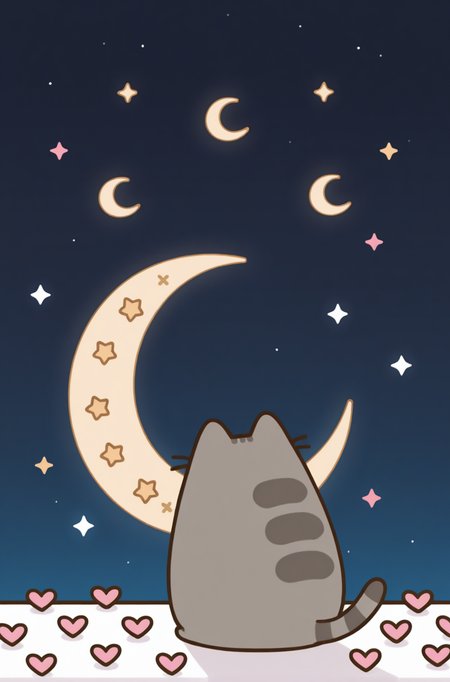 masterpiece, best quality,very aesthetic, sitting on a crescent moon, surrounded by floating hearts, night sky full of stars, celestial romance, Pusheen <lora:PusheenIXL:1>