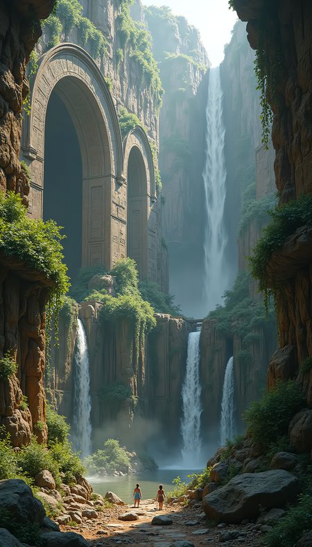 Ruins of an ancient civilization, built into the cliffs of a massive canyon. The ruins are filled with ancient writings and glowing glyphs, with vines and waterfalls weaving through the stone.