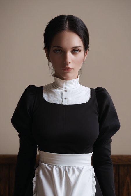 score_9, score_8_up, score_7_up, BREAK source_anime, <lora:Lara Tybur-PonyXL-lora-Faxtron:1> lara tybur, grey eyes, black hair, single hair bun, medium breasts, black dress, long sleeves, juliet sleeves, apron,
