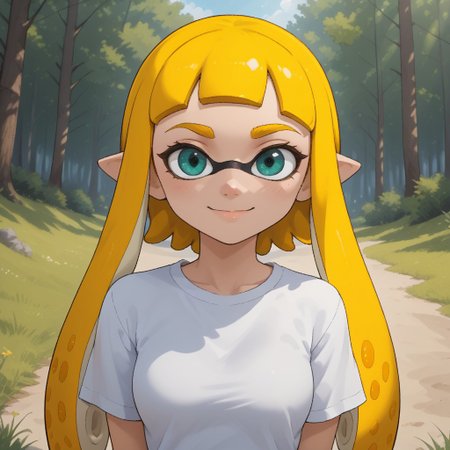 score_9, score_8, BREAK, solo, ssplatoon, inkling, female inkling, 1girl, tentacle hair, yellow hair, dark green eyes, cute, yellow eyebrows, white shirt, blue jeans, blue shoes, breasts, Bianca_(\OC_Inkling\), sexy pose, self portrait, smile, outdoors, sunlight, shadows, evening lighting, natural lighting, forest, trees, grass, orange sky, sunset