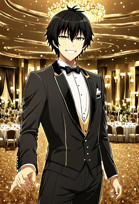 high resolution, solo, best quality, 1Boy, Seiya Kanie, black hair, short hair, thin, luxury hotel, Ballroom, tuxedo, smile, confident, OverallDetail