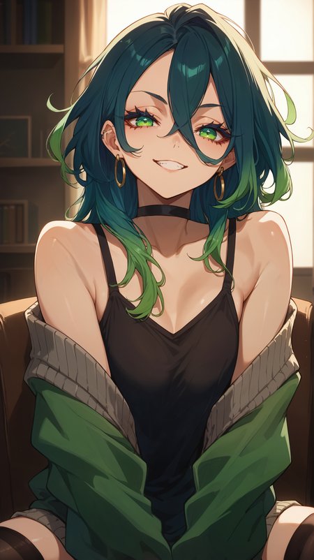 score_9,score_8_up,score_7_up,score_6_up, <lora:xl_more_art-full_v1:0.5>, source_anime, girl,  <lora:Filoen - Pony:0.8>, long hair, dark blue hair, gradient hair, multicolored hair, dark blue roots, green hair, colored tips, green tips, green eyes, messy hair, hair between eyes, loop earrings, black choker, thick eyelashes, black top, bare shoulders, oversized sweater, black thighhighs, seductive smile,