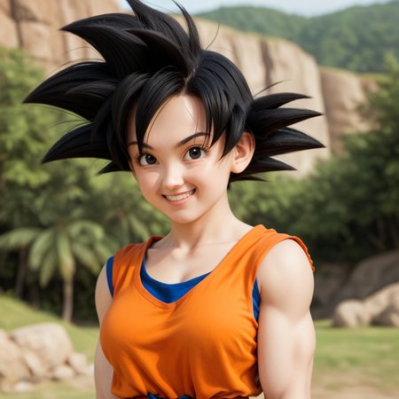 score_9_up, score_8_up, BREAK, goki, 1girl, solo, black hair, spiked hair, black eyes, orange dougi, orange top, sleeveless dougi, base form, smile, upper body, outdoors,  <lora:Female_Goku_Goki_PXL_Leaf1:1>, arms at sides,