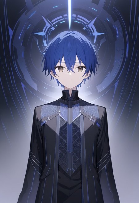 A highly detailed half-body portrait of an anime-style boy with striking blue hair and deep brown eyes. Halo,. He wears an emperor's big  crown adorned with dark, intricate designs that convey power and mystery. His clothing is imperial, with elaborate patterns and dark tones, combining traditional royal elements with futuristic, sci-fi influences. The fabric shimmers with advanced technological patterns woven into the material, giving it a modern, almost otherworldly feel. The boy stands in a grand royal court, the background filled with a blend of classical architecture and cutting-edge technology. Dark shadows and subtle lighting highlight his features, creating a mysterious and intense atmosphere. The boy gazes directly at the viewer, his expression calm yet commanding, exuding an aura of authority and elegance. The entire scene is rendered with meticulous detail, showcasing the complex interplay between traditional royal aesthetics and modern sci-fi elements.full body
This prompt should provide the depth and detail needed to achieve a highly complex and visually stunning image.