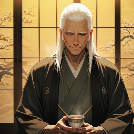 masterpiece, best quality, amazing quality, absurdres, newest, detailed background, definition so sharp, Ultra-HD, 8K cinematic, very awa, impressionate, amazing quality, highres, 
solo, male focus, manly, 
daikakukokujouji, lieutenant_white hair, lieutenant_brown eyes, 1boy, solo, old man, seated, gentle smile, long hair, traditional Japanese attire, kimono, tea cup, warm lighting, shoji screen, cozy atmosphere, storytelling, relaxed, wise, serene, contented, elegant