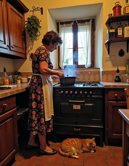 A warm and intimate kitchen scene inside an aged Italian apartment, showcasing its historic charm with worn wooden cabinets, tiled countertops, and a slightly weathered yet cozy atmosphere. An Italian woman, in her late 40s or 50s, stands in front of an old-fashioned gas stove, stirring a pot of boiling pasta. Steam rises from the pot, catching the soft natural light filtering in from a small window with lace curtains. She wears a floral-patterned dress, slightly faded but full of character, with an apron loosely tied around her waist. Her expression is one of quiet focus and comfort.
On the terracotta-tiled floor, an orange tabby cat is curled up, sleeping peacefully, adding to the warmth of the scene. The background features rustic shelves with jars of spices, olive oil bottles, and a hanging bunch of dried herbs. The composition balances the woman and the stove as the focal points, with the cat subtly enhancing the cozy atmosphere.
 <lora:iphone-dev-7:1> iphone photo