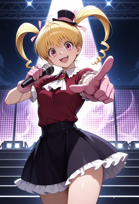1girl, solo, pink eyes, blonde hair, long hair, twin drills, hair ribbon, pink ribbon,  looking at viewer, hunter x hunter, small breasts, 
mini hat, head tilt, jewelry, brooch, white ascot, frills, red shirt, short sleeves, pink gloves, black skirt, outdoors, standing, holding microphone, stage, smile, open mouth, pointing at viewer, cowboy shot, thighs,
,masterpiece,best quality,amazing quality,
 <lora:bisky_meipaws:.9>