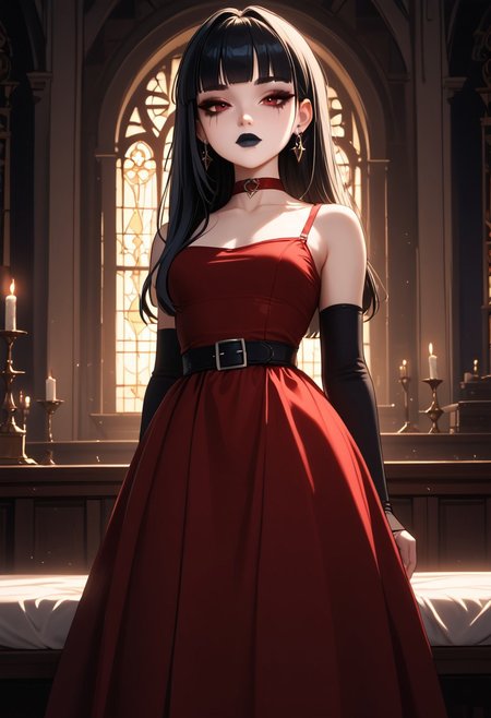 (masterpiece), 8k, best quality, ultra-detailed, (high res), cinematic lighting, beautiful lighting, high quality, studio quality, detailed, insanely detailed, extreme detail, refined detail, perfect detail, max detail, smooth lighting, detailed background, hyper detailed body, beautiful lighting, vibrant lighting, global illumination, absurdres, high-res, dynamic lighting, score_9, score_8_up, score_7_up, score_6_up, score_5_up, score_4_up, ponypositive, 1girl, solo, solo focus, (narrow waist, skinny, small body, slim), looking at viewer, (3/4 view), indoors, (Gothic Castle), bright lighting, daylight, sunshine, cute, kawaii, gleaming eyes, (closed mouth), no expression, legs spread, big eyes, (standing), alone, Expressiveh, (hands by sides), (rating_safe, sfw), cgi, (dark red dress, black dress accents), goth, blunt bangs, (dark red elbow gloves), long hair, red eyes, makeup, (black leather boots), black stockings, (dark red choker), lips, total drama, Crimson_(Total_Drama), (pale white skin), black lips, lipstick, (black hair, white bangs, multi-colored hair, streaks), (long dress), (goth makeup), black belt, jewelry,