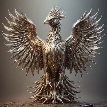Steel/ral-polishedsteel  Phoenix, Diamond Line, (Golden Beak: 1.1), Sharp Focus, Atmospheric Lighting, Highly Detailed, Overall Detail, Ornate, Macro, Shallow DOF, Atmospheric Dust,