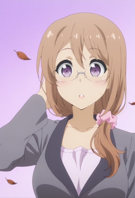 anime screencap, anime coloring,  <lora:DX888Yui:1> saitou yui, purple eyes, brown hair, long hair, hair over shoulder BREAK teacher, glasses, hair scrunchie, suit, grey pants, BREAK simple background, purple background,  marble background, BREAK    1girl, blush, falling leaves, hand in own hair, leaf, parted lips, solo, upper body, wide-eyed, wind, floating hair,