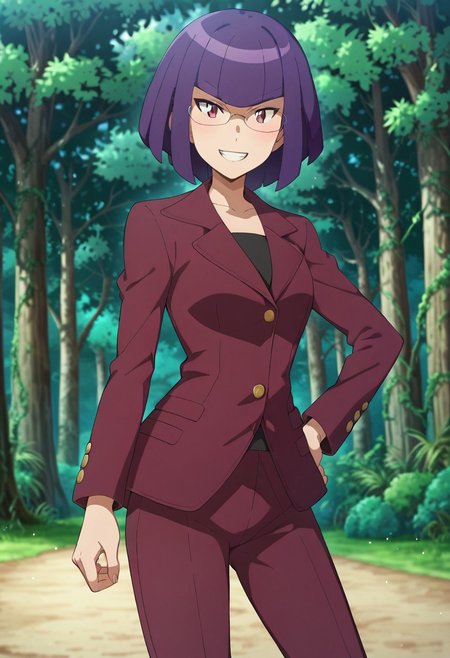 score_9,score_8_up,score_7_up,score_6_up, easynegative, negative_hand,
pkmnmatori, 1girl, purple eyes, glasses, purple hair, short hair, blunt bangs
matoris, formal, suit, red jacket, buttons, long sleeves, red pants,
standing, arm crossed, forest, smiling