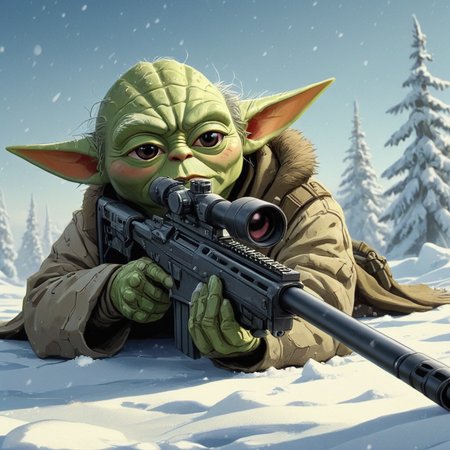 cartoon illustration of Yoda laying down in snow holding Sniper Rifle, Soviet Army uniform,fur Soviet hat, <lora:XL_Weapon_Sniper_Rifle_-_By_HailoKnight:0.7>,