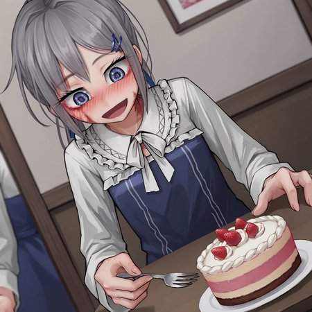 score_7_up, score_6_up, score_5_up, source_anime, anime coloring, anime screenshot,
<lora:sylvie.pony:1>, sylvie, happy, solo, 1girl,
white shirt, blue dress,
table, cake, holding fork, looking down,