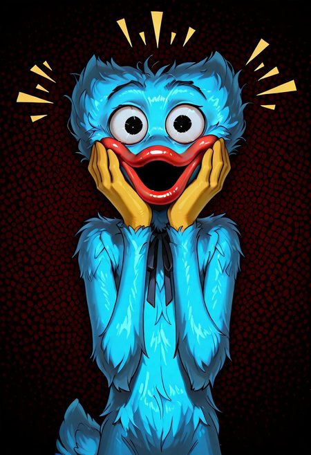 (huggy_wuggy:1.1), long limbs, blue body, 
masterpiece, absurdres, amazing quality, ultra-detailed, no humans, solo, black eyes, dilated pupils, wide eyed,
kaogei, parted lips, :o, shiny eyes, extra fluffy, fluffy body fur, (no ears:1.15), messy hair, thick fur, neck ribbon, skinny, lanky, yellow hands, red lips, o mouth, 
looking at viewer, upper body, hand on own cheek, hands on cheeks, emanata, abstract background, patterned background, perfect lighting, deer tail, blue tail, 
score_9, score_8_up, score_7_up, birdo mouth