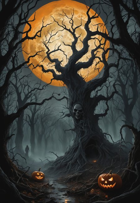cinematic, high quality, detailed, 8k, intricate details, In the eerie depths of a dark forest under a haunting pumpkin moon, foreboding shadows dance amid twisted trees. A chilling atmosphere of horror and unease permeates the scene, creating a moody and ominous setting fitting for Halloween. As the orange moonlight filters through the dense canopy, revealing gnarled branches and ominous silhouettes, the viewer is drawn into a chilling world of suspense and mystery. This vividly detailed image, perhaps a haunting painting, captures the essence of a nightmare brought to life with unparalleled quality and artistry.