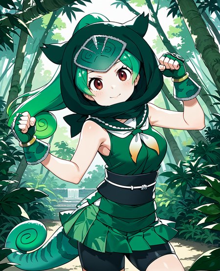 score_9,score_8_up,score_7_up,2D animation style,source_anime,anime screencap,rating_explicit,best quality,masterpiece,Japanese Anime Style,smile,looking at viewer,solo,1girl,jungle,forest,japanese castle,day,cowboy shot,<lora:kf_panther_chameleon_ponyxl:0.9>,panther chameleon (kemono friends),green hair,hood,hood up,animal ear headwear,red eyes,green shirt,sailor collar,neckerchief,sleeveless,bracer,fingerless gloves,sash,pleated skirt,bike shorts,green skirt,hands up,clenched hands,tail,