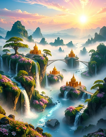 A mesmerizing celestial background featuring an otherworldly paradise. Towering crystalline mountains with peaks that glow softly under a sky painted in shifting hues of iridescent blues, pinks, and golds. Rivers of liquid light flow through vast, open meadows filled with luminescent flowers that pulse with a gentle glow. Gigantic, translucent trees with silver leaves sway in a breeze that carries floating particles of golden dust. Suspended bridges made of shimmering energy connect ancient, floating monoliths engraved with intricate celestial patterns. In the distance, an enormous radiant waterfall cascades into a bottomless, mist-covered abyss, reflecting the surrounding ethereal glow. A tranquil atmosphere, untouched and divine, filled with an overwhelming sense of wonder and serenity.
<lora:SDXLFaeTastic2400:0.4> <lora:extremely_detailed:0.4> extremely detailed, <lora:heavenly_l4ndsc4p3:1>,heavenly l4ndsc4p3, Masterpiece,best quality,hi res,8k,hi res,8k,award winning,(sharp focus, intricate, highly detailed),
