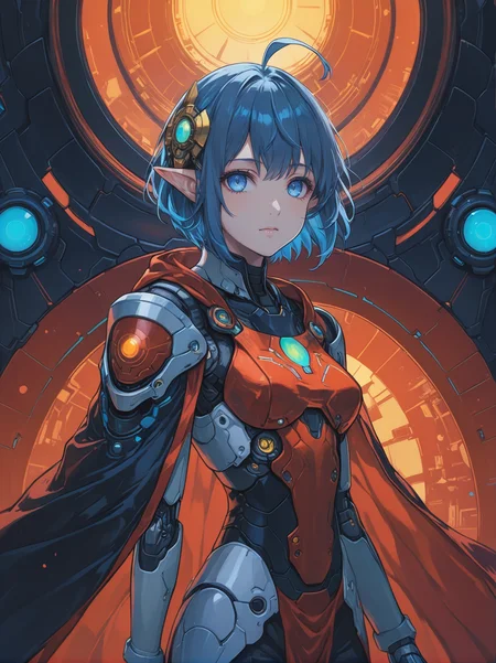 <lora:yukihiro_kajimoto_so2r_xl:0.8> <lora:IOS_Iridescent_opal_style:0.6> star ocean, 1girl, rena lanford, ahoge, armor, blue_eyes, blue_hair, boots, cape, full_body, hair_ornament, pleated_skirt, pointy_ears, short_hair, [woman:robot joints:0.6], [armpits:mecha:0.5], [evangelion:cyberpunk edgerunners:0.5], [lens flare:opal:06], intricate detail, cinematic lighting, amazing quality, amazing shading, detailed Illustration, official artwork, wallpaper, official art, extremely detailed eyes and face, beautiful detailed eyes, ((masterpiece, best quality)), (from behind), upper body, (thigh gap)