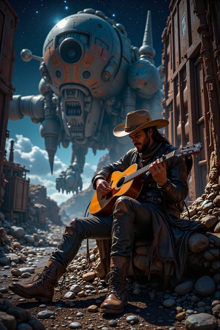 A hyper-realistic portrait, photorealistic photo close-up image of In the shadow of a colossal space cruiser, a space cowboy sits on the edge of a broken-down cargo container, strumming an old guitar made of salvaged parts. His wide-brimmed hat is tilted low over his eyes, shading his face from the blinding light of a distant supernova that illuminates the asteroid field surrounding him. His worn boots rest on the jagged metal, their soles scuffed from countless planetside brawls and dusty trails. The shipyard around him is alive with activityâmechanics working on rusted freighters, bounty hunters haggling with shady tradersâbut his focus is on the soft, melancholy tune he plays, a rare moment of calm amidst the chaos. His leather duster is patched and torn, but beneath it, the glint of a high-tech energy revolver peeks out from its holster, always within reach. Above, the stars twinkle like diamonds scattered across the black velvet of space, while far-off planets and moons cast a faint glow on the horizon. His ship, a beat-up but reliable craft, sits nearby, its thrusters cooling from a long journey across the galaxy. The cowboyâs eyes flicker up briefly, catching sight of a bounty notice flashing on a nearby holoscreen, but for now, heâs content to finish his song. The scene captures the solitude of a wandering soul in a universe both vast and unforgiving. (photography, high-resolution, dynamic, energetic,hyper-realistic, dramatic lighting, shallow depth of field.), detailmaximizer, MythP0rt<lora:midjourney_whisper_flux_lora_v01:0.55><lora:aidmaMJ6.1-FLUX-V0.1:0.4><lora:FluxMythP0rtr4itStyle:0.4><lora:detailed_flux_ntc:2.2><lora:aidmaImageUpgrader-FLUX-V0.1:0.65>