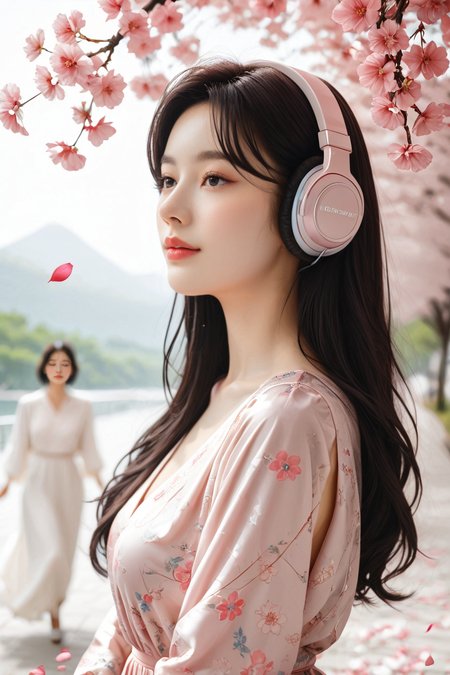 photorealistic photography of a dreamy scene of a woman perched on a cherry blossom tree, surrounded by pink petals floating in the breeze, wearing large headphones, lost in music, soft beams of sunlight breaking through the canopy, hyper-realistic, ultra-detailed floral patterns, naturalistic lighting, soft pastel colors, flowing dress fabric, intricate hair strands, relaxed and peaceful expression, ambient occlusion, ray-traced reflections, high contrast, ethereal glow, dynamic depth of field, cinematic framing, tranquil mood <lora:KimA-won-PonySRV1:0.9>, KimA-won, <lora:add-detail-xl:0.5>, <lora:Expressive_H-000001:1.2>, <lora:IzayoiLycoXL:0.3>, embedding:pureerosface_v1, A stunning real medium breasts Korean woman with long flowing dark hair, her piercing gaze directly addressing the viewer. score_9, score_8_up, score_7_up,  (ultra HD quality details), High Fashion,