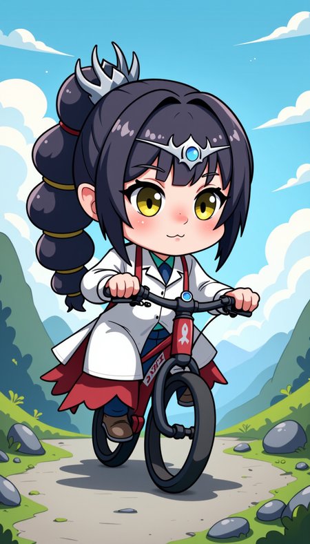 A chibi image of a Sh4d0wh34rt woman wearing a silver crown under the hair and with a (scar:1.3) on the nose. cosplaying as Scientist Biking in a hollow mountain.
Extremely detailed hyper-realistic award-winning photo shot using a Nikon Z fc Mirrorless Camera using Æ/8.