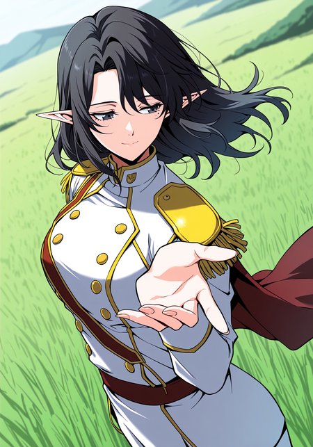 <lora:Aya_Grephin__The_Beginning_After_the_End__Illustrious:1>
1 girl, solo, female elf, medium length black hair, pointed ears, mole under left eye, black eyes, 
white military uniform with gold trim, gold shoulder pads, red sash, high collar, double-breasted buttons, golden epaulettes, detailed uniform folds, white pants, 
score_9, score_8_up, score_7_up, very aesthetic, source_anime, detailed, high quality, beautiful, masterpiece, detailed eyes, field, blurry background, pose dynamic angle, upper body, cowboy shot, light smile, looking back, reaching out, floating hair