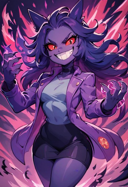 score_9, score_8_up, score_8, medium breasts, (curvy), cute, eyelashes, 
gengar,  1girl, long hair, purple jacket, black eyes, claws, energy, evil grin, evil smile, floating, grin, looking at viewer, red sclera, smile, solo, teeth, v-shaped eyebrows, 
cowboy shot,