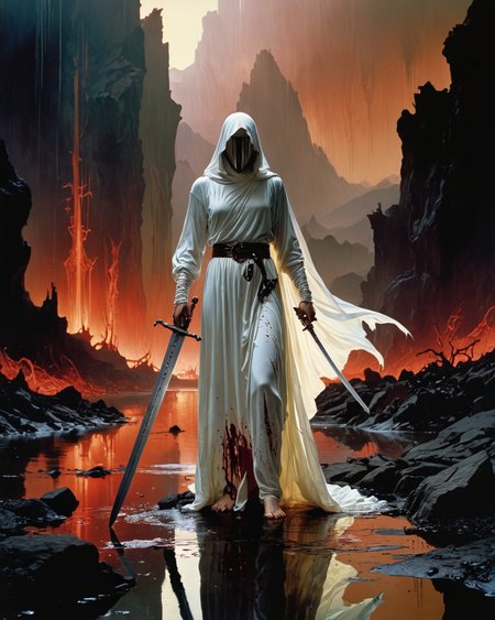 (Angel clad in white with a sword:1.9), blood dripping, water, reflections, transparency, provoking, vivid color, Mordor: A dark and evil land, Ernst Haas,  golden hour, <lora:add-detail-xl:1>, <lora:xl_more_art-full_v1:0.8> <lora:artiangel:1.8> artiangel