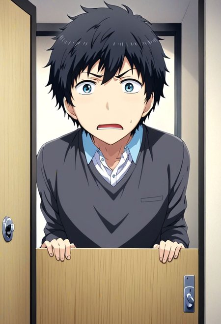 high resolution, solo, best quality, 1Boy, Arata Kaizaki, Black Hair, Blue Eyes, surprised, peeking out, OverallDetail