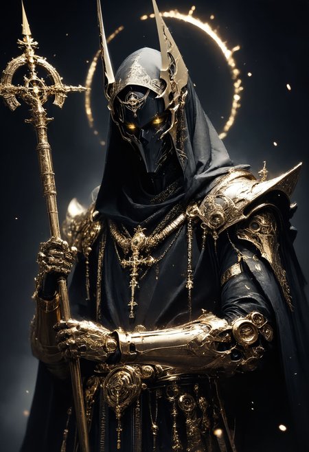 (score_9, score_8_up), score_7_up, 1girl, Highly detailed RAW color Photo, cowboy shot, glowing eyes, yellow eyes, holding staff, holding, glistening, glowing, girl Anubis as an anime character in a dynamic pose, long black hair, realistic robot jackal helmet, shoulder armor, gauntlets, pauldrons, mask, dark, hood, full armor, looking at viewer, all black and gold armor, black cloak, occult, dark theme, black theme, dark background, gold and black armor, gold, gold jewelry, dark, elegant, royal, headpiece, cables coming from head, sci fi, cyborg, robotic circuits, glowing fibre optic cables,
dark lighting, dof, depth of field, realistic, dark background, light partials, CINE, fire embers, low-key,