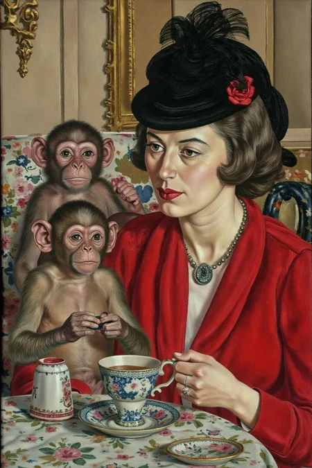 sspencer1 painting of a small monkey and a woman wearing a bowler hat, sitting at a table drinking tea <lora:sspencer1_cap_d6a3:1.0><lora:832097261879043284:0>
