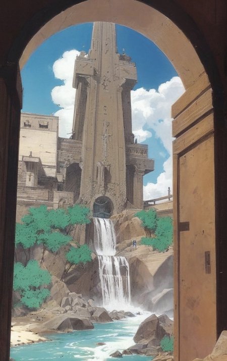 artwork <lora:Moebius:1>, waterfalls, turret,time travel,baluster,cloud formation BREAK adaptable,shopping carts,artificial intelligence,towering, anisotropic filtering