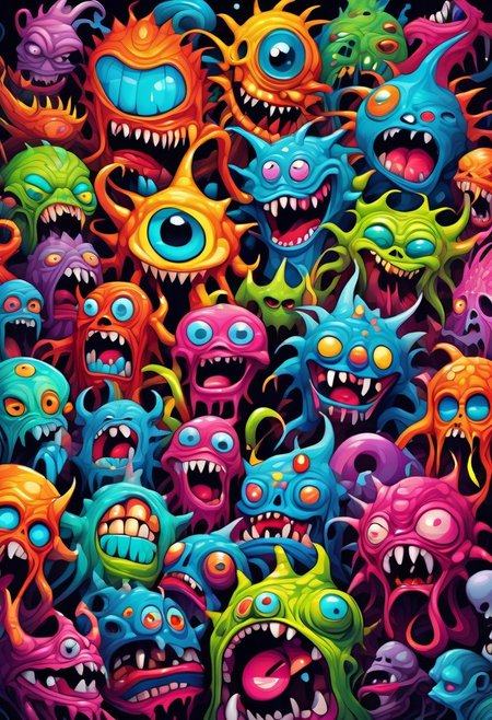 A colored painting of, a bunch of colorful monsters on a black background, scary detailed art in color, psychedelic art style, epic background, psychedelic artwork, vibrant cartoon art, colorful character faces, nychos art aesthetic, scary art in color, trippy art, scary magical background,  graffiti background, scary color art in 4k, epic
Jed-Splash