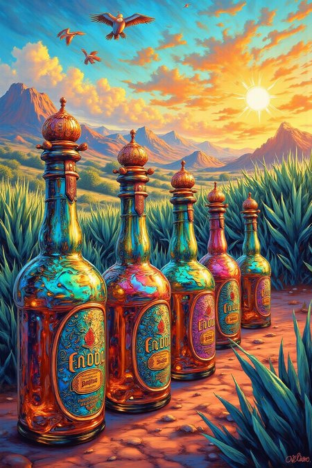 YFG-Sm0rg, YFG-Zaat, An oil painting in the Henri Edmond Cross style, depicting a vibrant Mexican landscape. In the foreground, a row of anodized tequila bottles shines under the warm sun, set against the backdrop of lush agave fields and distant mountains. The scene is bathed in vibrant colors with pointillist brushstrokes, capturing the essence of the Mexican countryside
