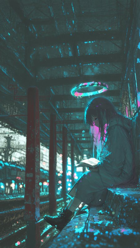 masterpiece, newest,absurdres,incredibly absurdres, best quality, amazing quality, very aesthetic,
1girl, sitting, long flowing hair, fractured halo, abandoned train station, symbolic, cold color palette, ambient light, quiet tension, reading,colorful bokeh, blurry,
 <lora:svevsty:1> svevsty <lora:USNR_STYLE_ILL_V1_lokr3:1> usnr
