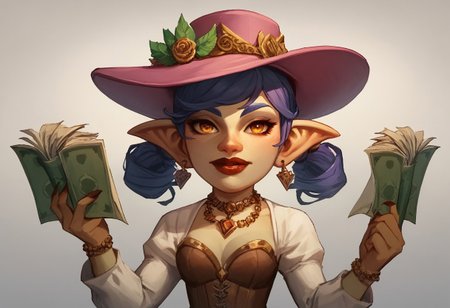 score_9, score_8_up, score_8. score_9, score_8_up, score_7_up, masterpiece, 4k, high quality, (best quality:1.1),anime, beautiful drawing, A flamboyantly adorned male goblin, holding a stack of money in his hands, is dressed in pimp attire consisting of a stylish pink overcoat, a pink fedora hat, and a golden dollar necklace. This vivid image, whether a painting or photograph, showcases the goblin's extravagant outfit in rich detail, portraying him as a symbol of ostentatious wealth and flamboyant fashion. The intricate design and vibrant colors of his attire bring an air of opulence and extravagance to the scene, capturing the viewer's attention with its high-quality depiction.