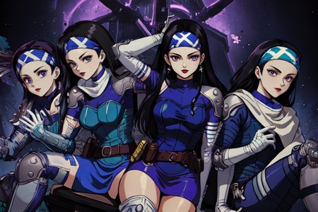 highly insanely detailed, masterpiece, top quality, best quality, highres, 4k, 8k, RAW photo, (very aesthetic, beautiful and aesthetic),  
beth_\(megami_tensei\),bethsmtii,shin megami tensei ii,long hair,black hair,straight hair,sleek black,jewelry,cross,headband,red_lipstick,belt,belt pouch,armored_pads,armored_gloves,knee_pads,armored boots,katana,sword,Tokyo_Millennium,post-apocalyptic_city,dystopian_world, 
<lora:zs_Beth:0.8>, 
(1girl:1.3), 1other, 
news anchor in front of big screen,facing viewer,back screen is big which is from the floor to ceiling and left to right,(pure purple background,transparent background:1.2),âââ