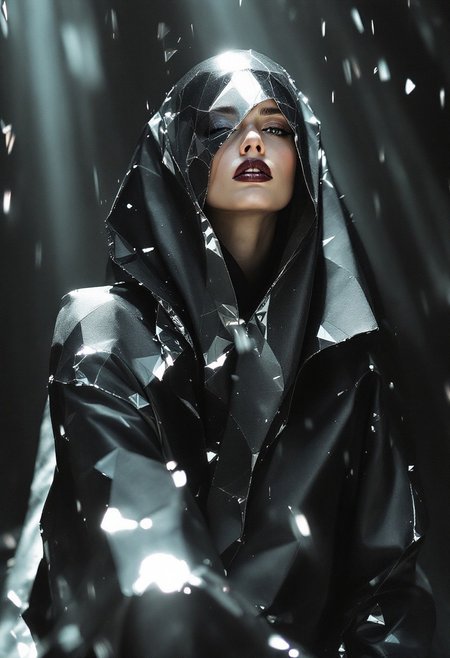 Shards of Light, A model shrouded in stark, structured attire—blacks, whites, and flashes of silver, like shards catching light in an abstract landscape. The look is minimalist but provocative, her gaze direct yet softened by shadows that fall in rhythmic patterns across her face. In the background, soft beams of light fall like glass, casting an ethereal quality to the scene. Her presence is magnetic, a blend of fragility and defiance, embodying both the future and the present.