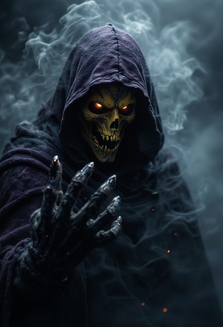 horror show, monster, nightmare, fear, Cinematic style
"A dark, hooded figure stands in the midst of thick fog. The creature's eyes glow with hellish fire, as if the darkness itself is pouring through them. Its face is covered in shadow, but from beneath the dark purple hood, a vicious yellow skull can be seen, twisted with malice. A clawed hand reaches forward, as if calling or cursing. Magical energy swirls around it, like smoke, poisoning the air with an ominous aura. This creature is an embodiment of horror, a creature of deep nightmares, guarding the secrets of an ancient curse."